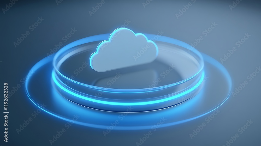 Wall mural blue glowing cloud icon with base on smooth surface representing digital storage and cloud computing