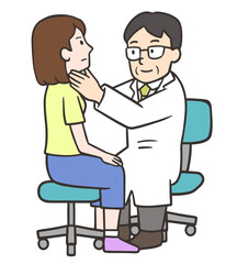 女性患者の喉を触診する医者