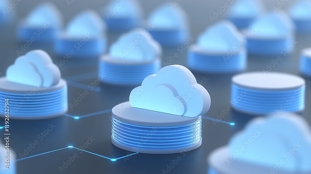Poster cloud computing concept with 3d cloud symbols and data storage layered circuits in modern technology