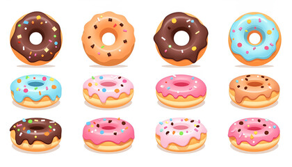 Obraz premium Colorful assortment of donuts with various frosting and toppings on a bright background for dessert illustration 