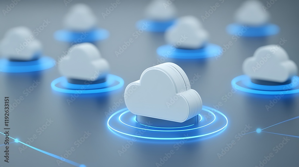Poster cloud computing concept with 3d white clouds on blue neon circles representing digital data exchange