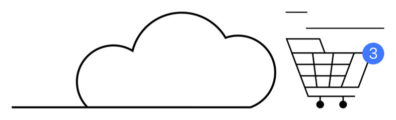 Obraz premium Cloud icon connected to a shopping cart with a notification badge showing the number three. Ideal for online shopping, cloud computing, e-commerce, notifications, tech services, cloud storage. Line