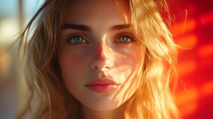 Fototapeta premium Close-up portrait of a young woman with striking green eyes and freckles, soft lighting enhances her features