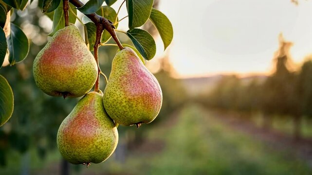 Orchard sunset pear harvest: vibrant fruit ripening on tree branches in scenic rural landscape