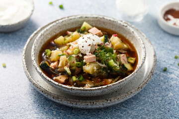 Traditional cold soup with ham and potato
