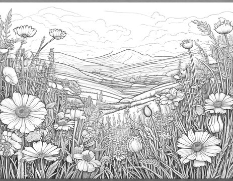 Coloring sketch of flowers field, number 7