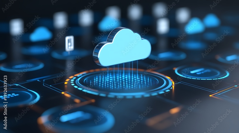 Poster cloud computing concept with cloud icon and digital background for technology and data management