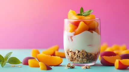 Yogurt with pieces of ripe nectarine natural yogurt in a glass jar with fruits isolated on a colorful background