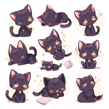 Cute kawaii ilustrations of a black cat with different expressions and poses for stickers, emotes twitch, room decoration, logo, graphics, clipart, isolated, character design, decorative collection