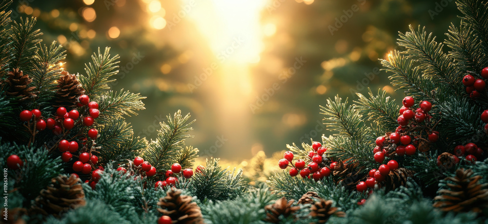 Wall mural serene Christmas themed background featuring evergreen branches, red berries, and pine cones, illuminated by soft sunlight, creating warm and festive atmosphere