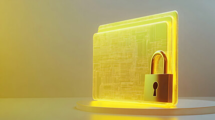 Secure file sharing concept illustrated by a glowing yellow folder with holographic circuit patterns and a metallic padlock