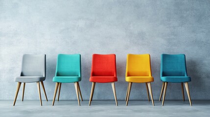 Obraz premium Colorful Modern Chairs Against Textured Gray Wall Interior Design