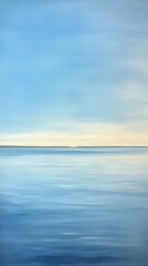 A minimalist abstract seascape with a calm, still surface reflecting a clear blue sky, evoking a sense of peace and serenity. 