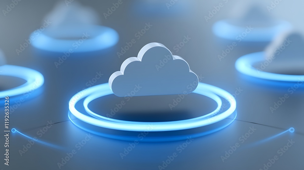 Poster cloud computing concept with glowing circles and 3d rendered cloud shape on a soft background