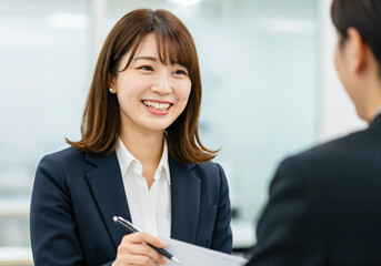 笑顔で仕事の打ち合わせをする若い女性社員