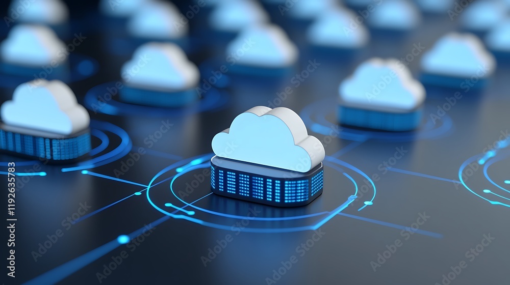 Poster cloud computing concept with servers and cloud icons in a digital network environment for technology