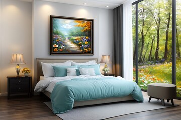 Fototapeta premium Relaxing bedroom with scenic view of nature modern interior daylight tranquil atmosphere