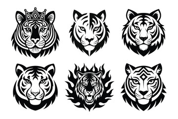 collection of tiger head logo design vector illustration, tiger head silhouette art, tiger head logo bundle
