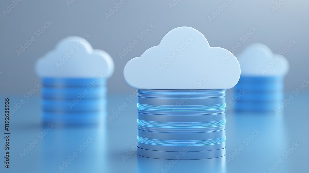 Poster cloud computing concept with stylized cloud icons and data storage representation in a modern settin