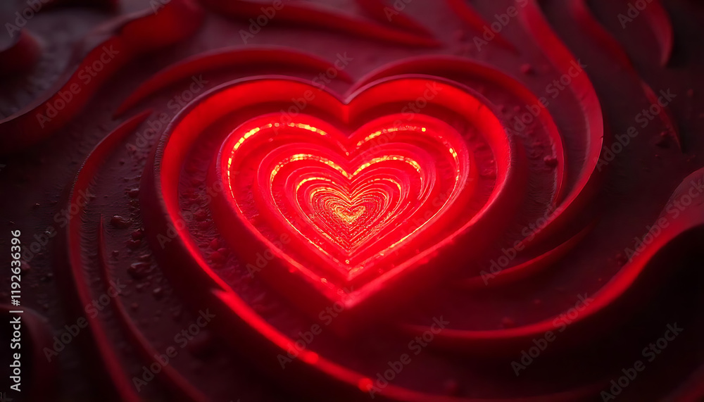 Fototapete glowing red heart shape at the center of concentric wavy red lines, a radiant and abstract backgroun