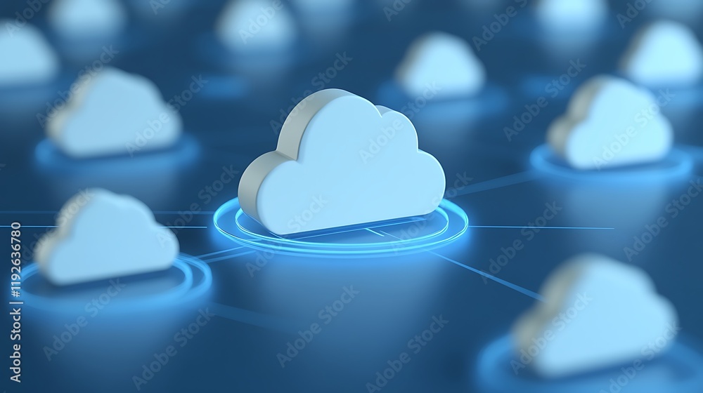 Poster cloud computing network concept with circles and glowing nodes representing digital technology