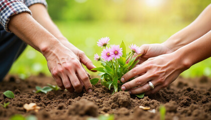 Elderly couple planting flowers together in soft spring light, connection