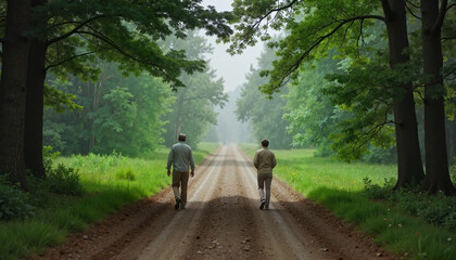 Obraz premium Seniors walking in the foggy forest path, reflective companionship