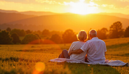 Older couple enjoying sunset on blanket in rolling hills, serene love