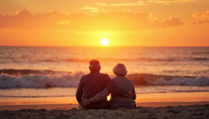 Fototapeta premium Elderly couple enjoying sunset on beach, serene nostalgia