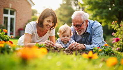 Playful older couple planting flowers with a grandchild in sunny garden, family bonding