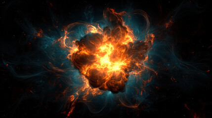 vibrant explosion of fiery orange and blue energy against dark background, creating dramatic and intense visual effect. swirling patterns enhance sense of movement and power