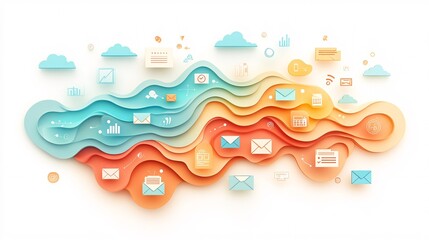 Naklejka premium Colorful Wave Design with Email Icons and Data Visualization Elements