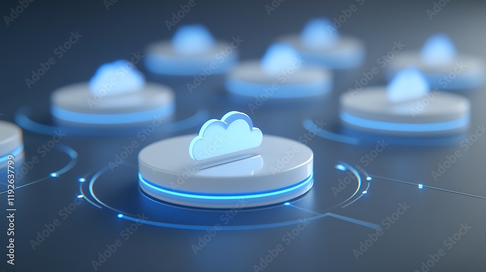 Poster cloud computing technology concept with abstract floating cloud icons and circular platforms