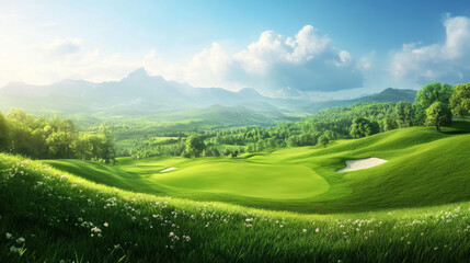 Fototapeta premium perfect pristine golf course surrounded by lush greenery and mountains, showcasing serene landscape with vibrant grass and soft clouds in sky