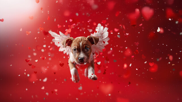 St. Valentine's Day concept. Puppy with angel wings on isolated red Background.