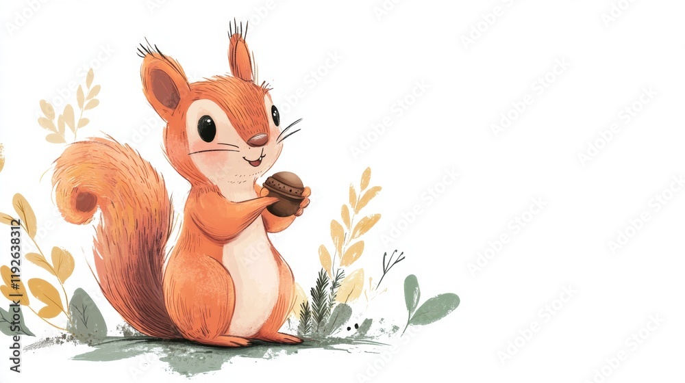 Poster charming illustration of a squirrel holding an acorn surrounded by colorful foliage in a whimsical o