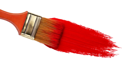 Red paint brush isolated, transparent background, vibrant, detailed bristles, wooden handle, professional tool, artistic supply, single object, realistic design, sharp bristle edges, clean image quali