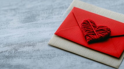 Handmade Red Heart Envelope with Yarn on Rustic Gray Background