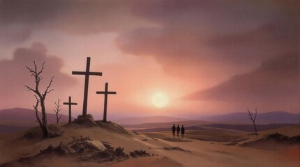 Sunset, three crosses, hilltop, barren landscape. Spiritual, somber, peaceful, evocative. Perfect for religious, meditation, or contemplative projects