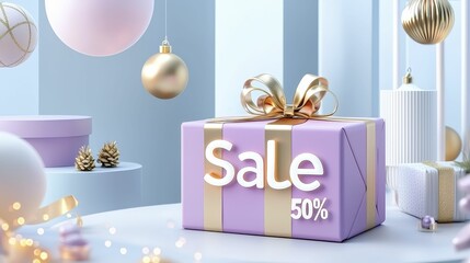 Sale 50% Neon Light Gift box with 50% sale in festive decor.