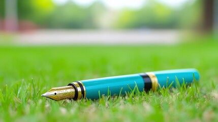 Elegant Turquoise Fountain Pen Lying on Green Grass in Nature
