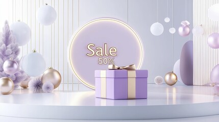 Sale 50% Neon Light Sale display with a gift box and decorative elements.