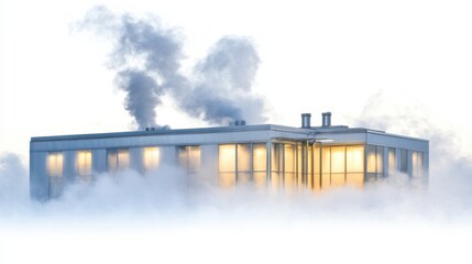 Fog Covers Industrial Building with Smokestacks Emitting Vapor in a Mystical Atmosphere and Soft Lighting during Early Morning Hours