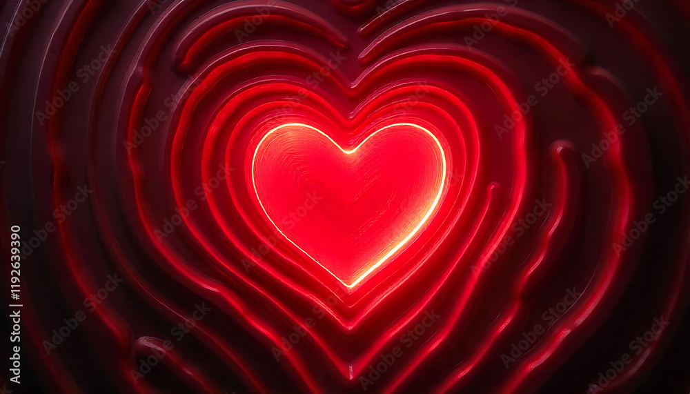 Fototapete glowing red heart shape at the center of concentric wavy red lines, a radiant and abstract backgroun