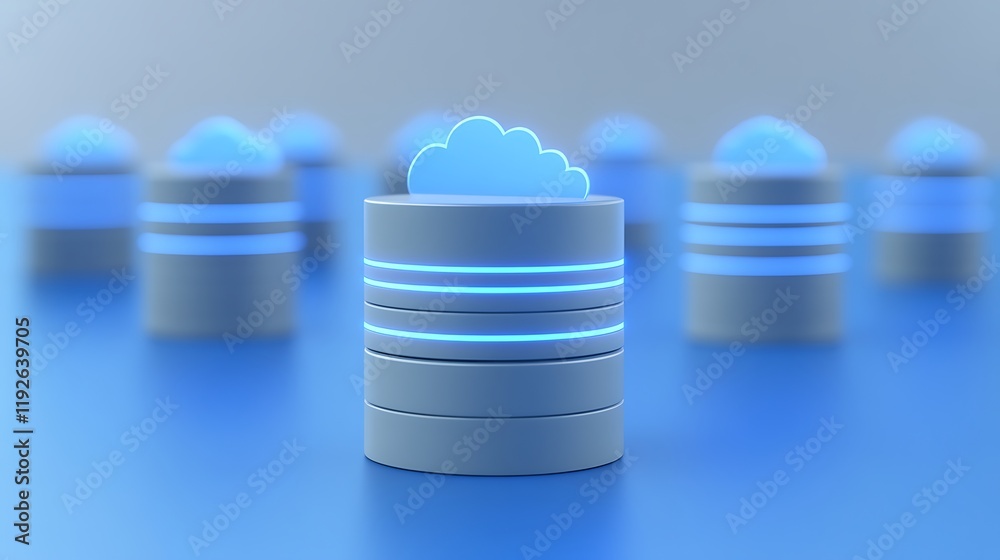 Poster conceptual representation of cloud computing with blue illuminated data servers in a digital environ
