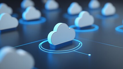 Digital Cloud Computing Concept with 3D Cloud Icons and Neon Circles on a Dark Background