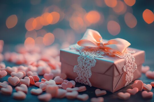 Pink gift box with lace ribbon and bokeh lights