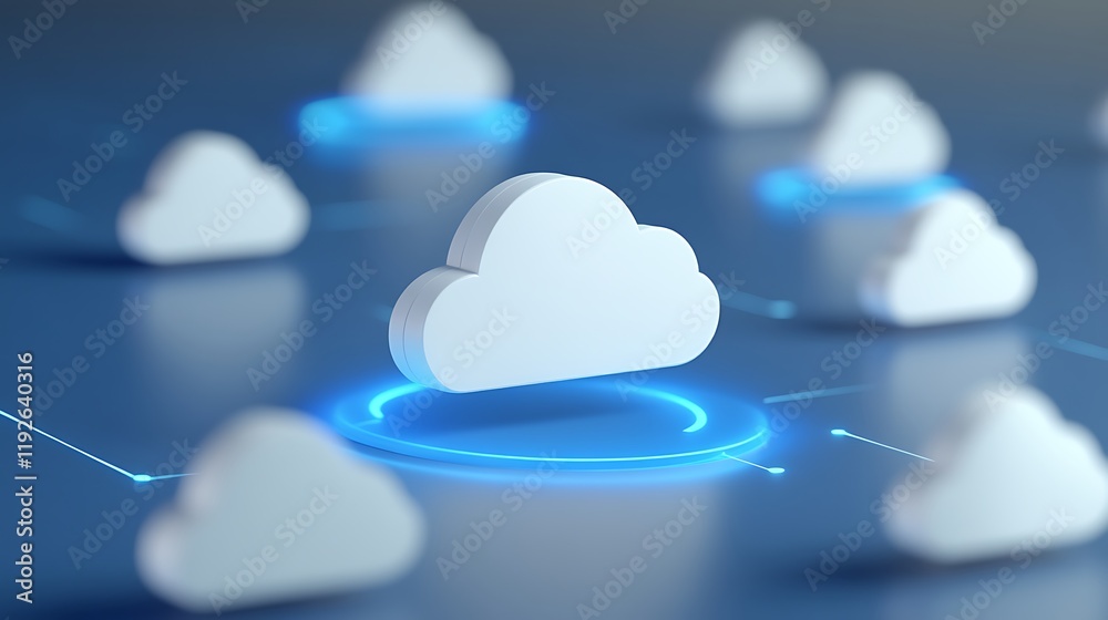 Poster digital cloud computing concept with abstract clouds and glowing circles on futuristic background