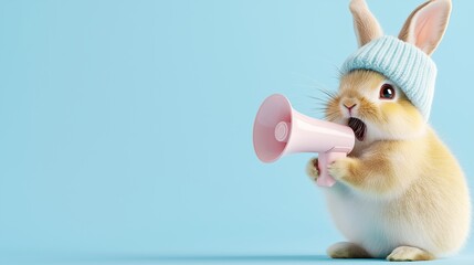A lively and expressive rabbit wearing a knitted light blue cap, megaphone, speaks loudly into a microphone, Easter promotion, sale and discounts, message and important information