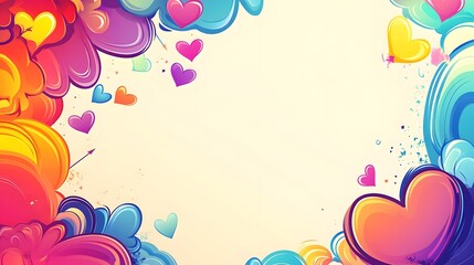 Whimsical Valentine-Themed Frame with Cartoon-Style Heart Clouds,Cupids,and Rainbow Gradient